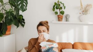 Nohu-Naine diivanil, nuuskab nina