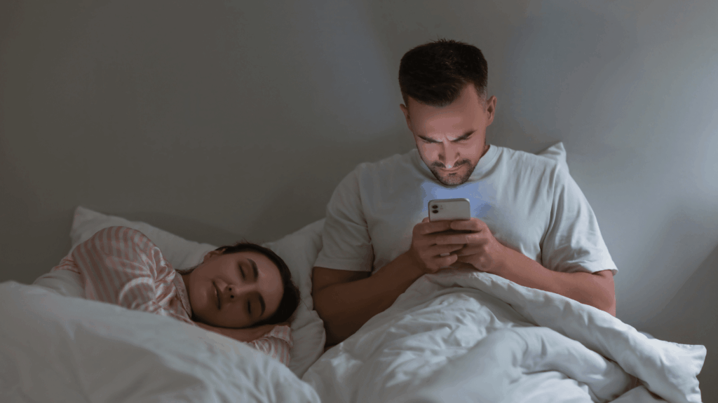 Naine ja mees voodis, mehel telefon käes kust paistab sinist valgust