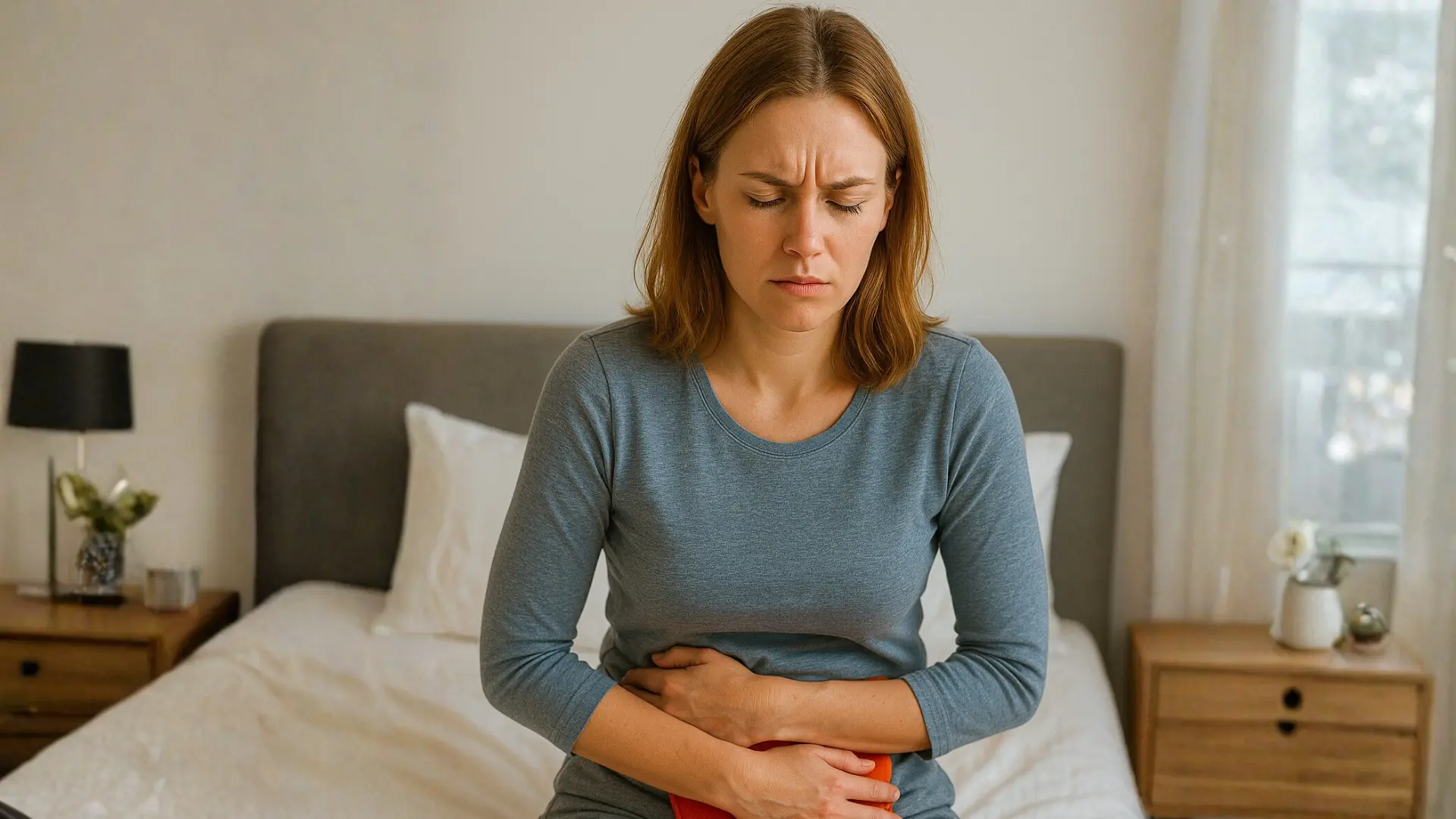 Naine istub voodil, käed soojakotiga kõhul