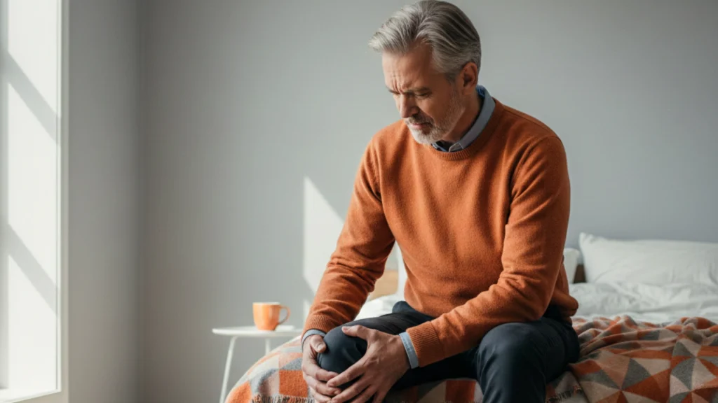 Mees istub voodil ja hoiab valutavast põlveliigestest kinni