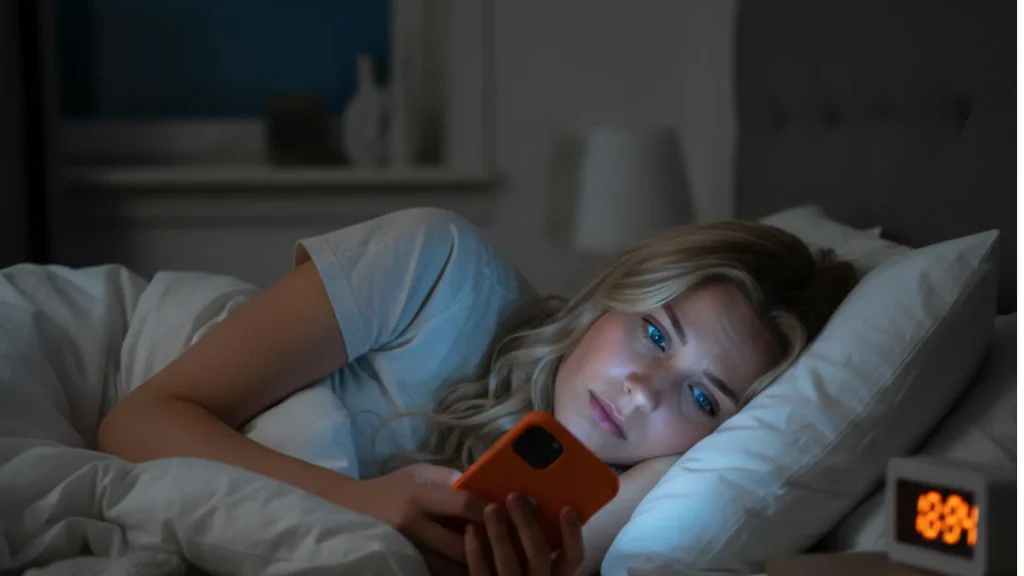 Unetu naine vaatab voodis telefoni