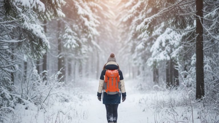 Naine kõnnib lumises metsas