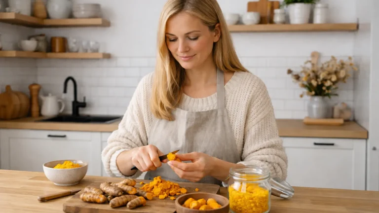 Naine koorib kurkumit