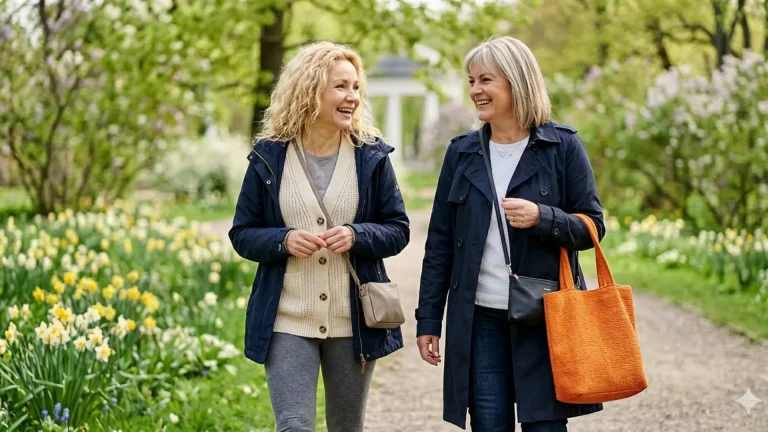 Keskaelised naised jalutavad pargis